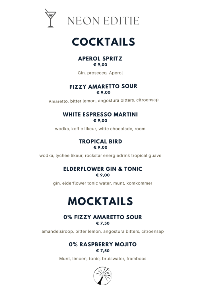 Cocktail kaart met neon cocktails voor LET's DANCE to 80's, 90's, 00 bij Azotod de Meern